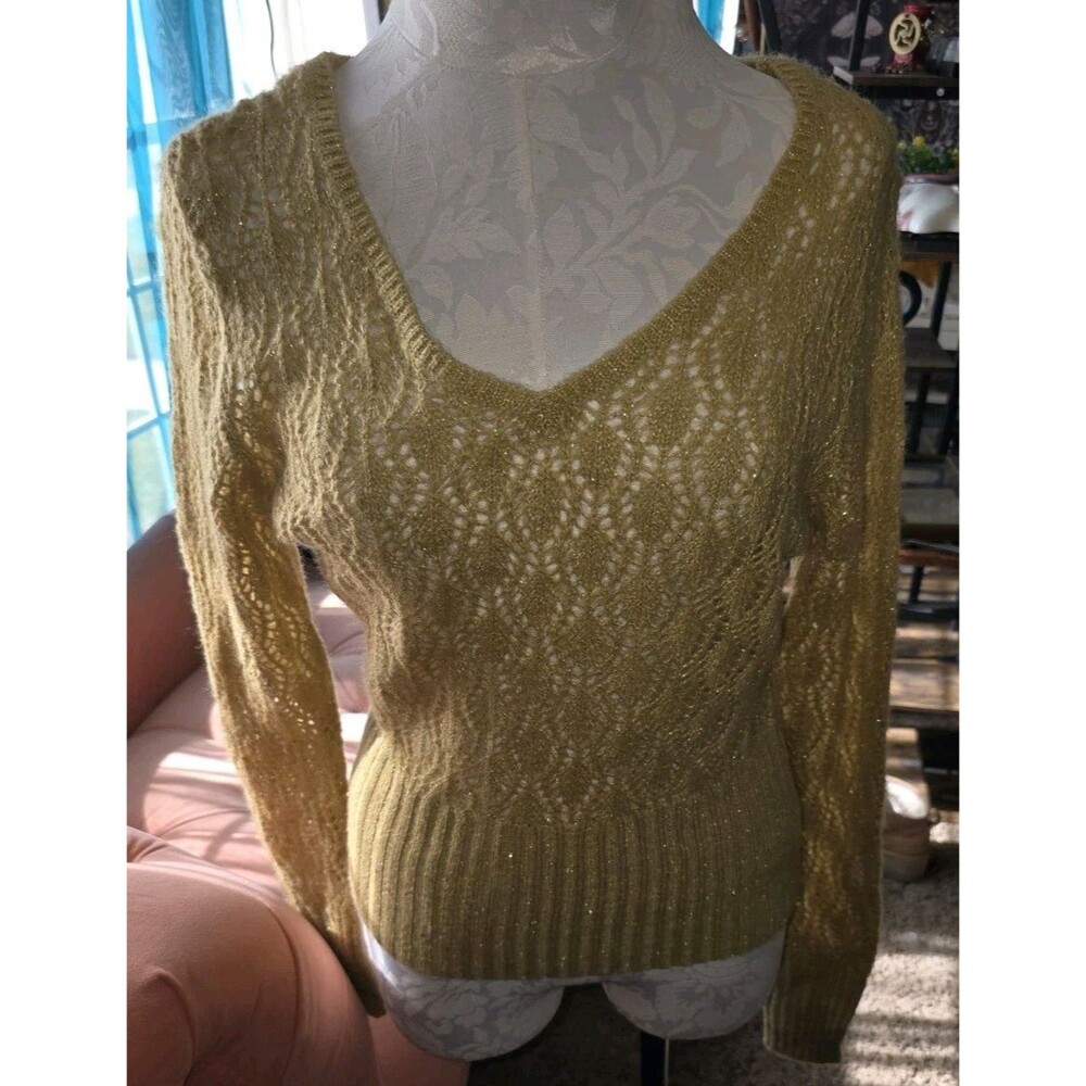 Worthington Mustard Gold Metallic Pointelle Open Knit Sweater V-Neck -...